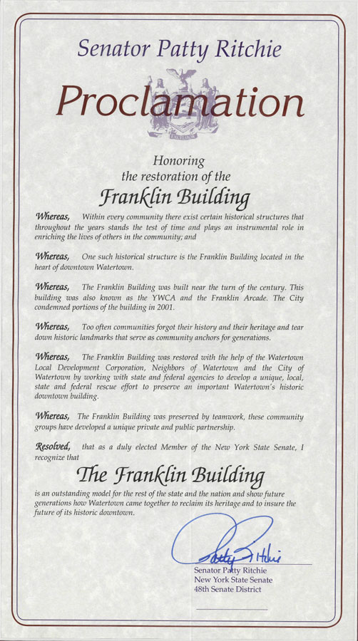 Proclamation honoring Franklin restoration